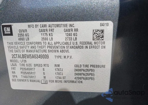 2010 GMC Terrain Sle-1 z USA, uszkodzony, nr VIN 2CTALBEW5A6349009